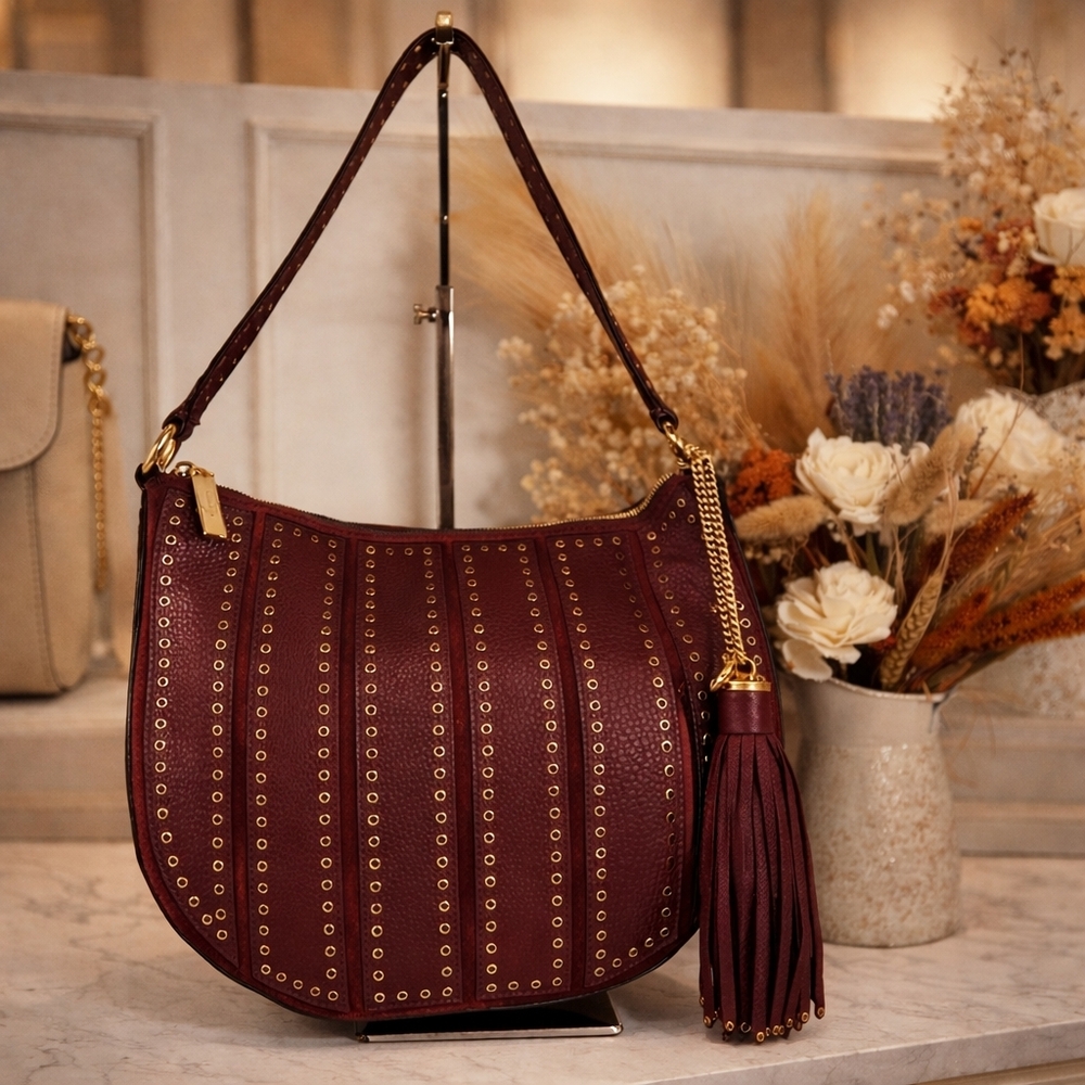 New Michael Kors Brooklyn Plum Burgundy Studded Grommet Hobo‎ Shoulder Bag